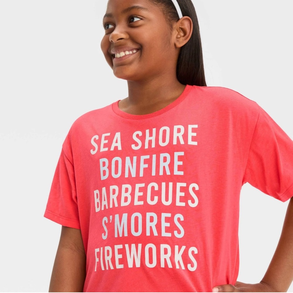 NWT Mad Engine Girls XS Pink T-Shirt Sea Shore Bonfire Barbecues S’Mores Tee
